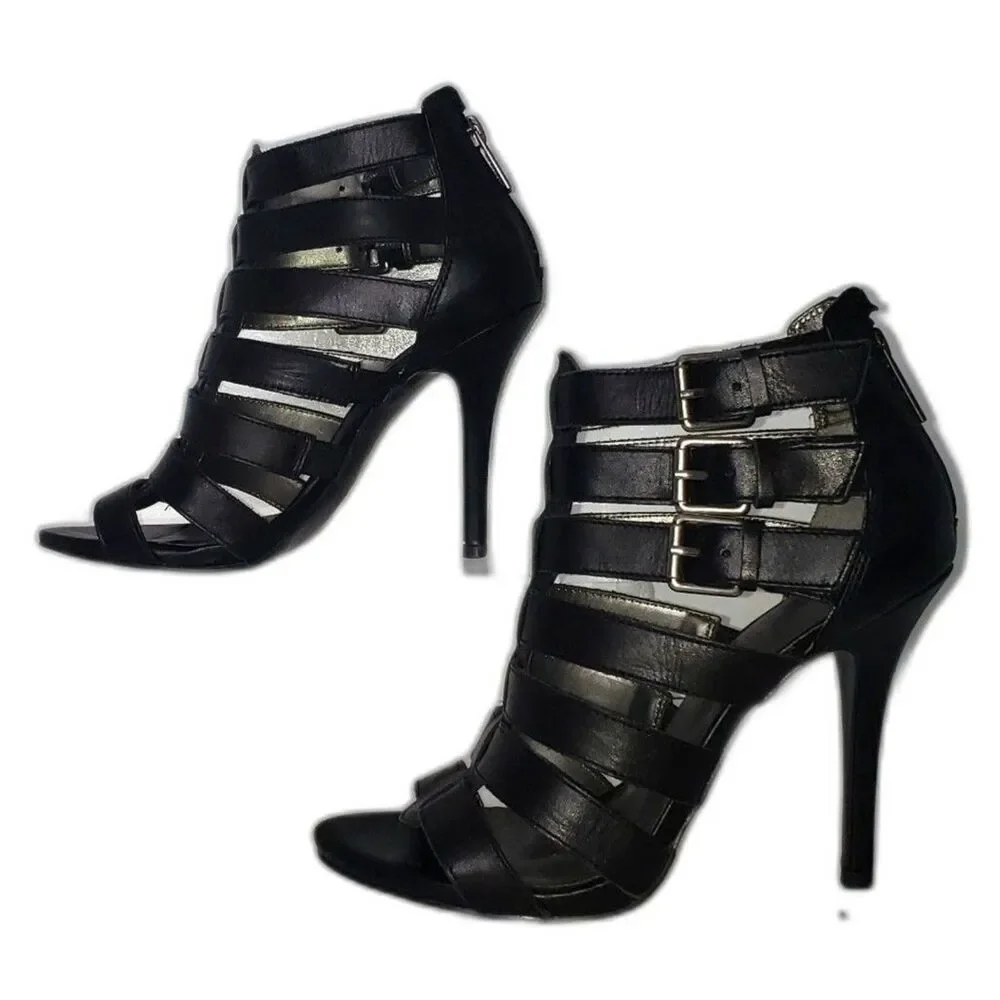 GUESS Black Leather Strappy Cage Buckle High Heel Bootie Shoes Womens Size 7